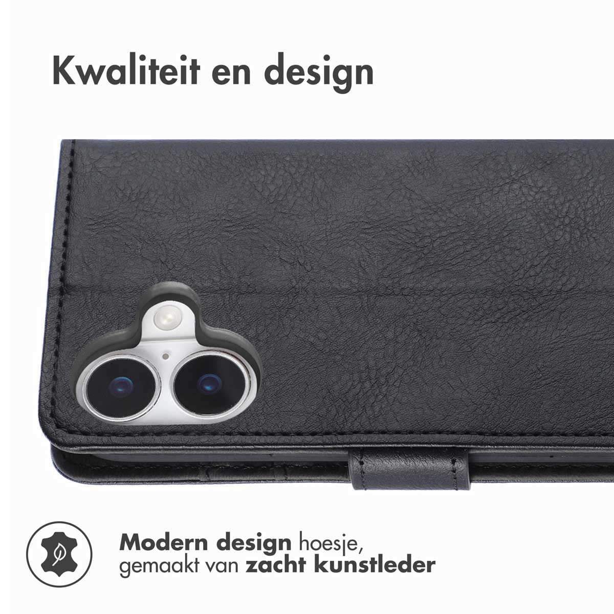 Étui de téléphone noir avec découpes doubles pour caméra. Texte : "Qualité et design" et "Étui design moderne."