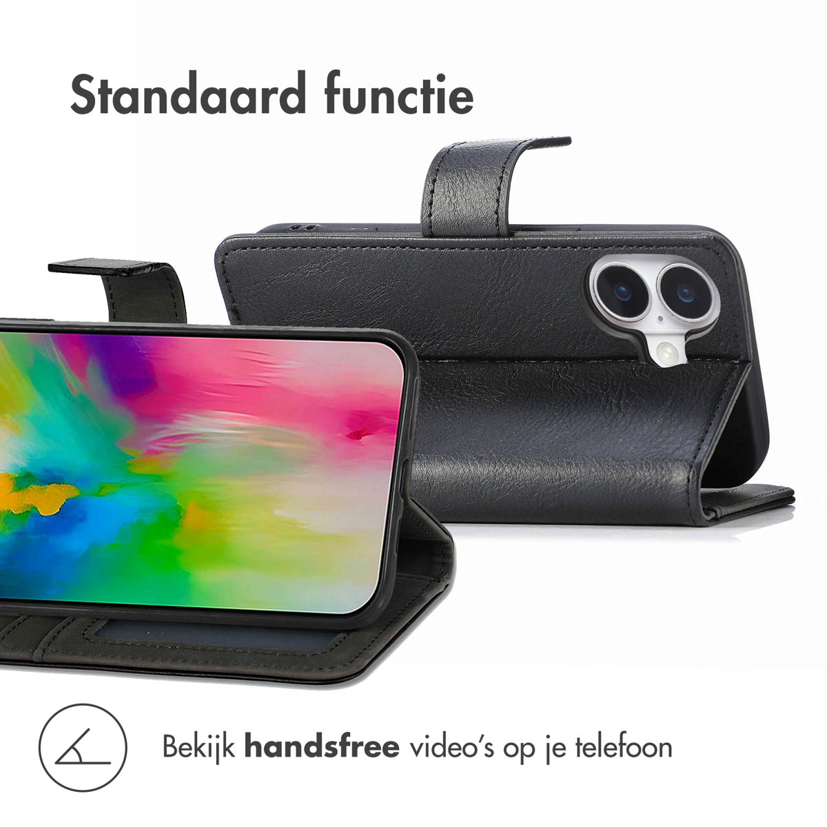 Coque noire avec téléphone à l'intérieur. Texte : Fonction standard, Regardez des vidéos mains libres sur votre téléphone.