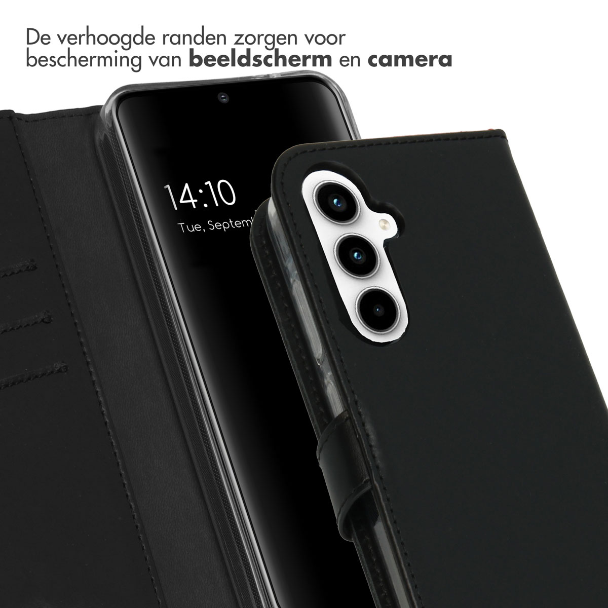 Zwarte telefoonhoes met een telefoon erin, die de tijd weergeeft. De hoes heeft verhoogde randen.