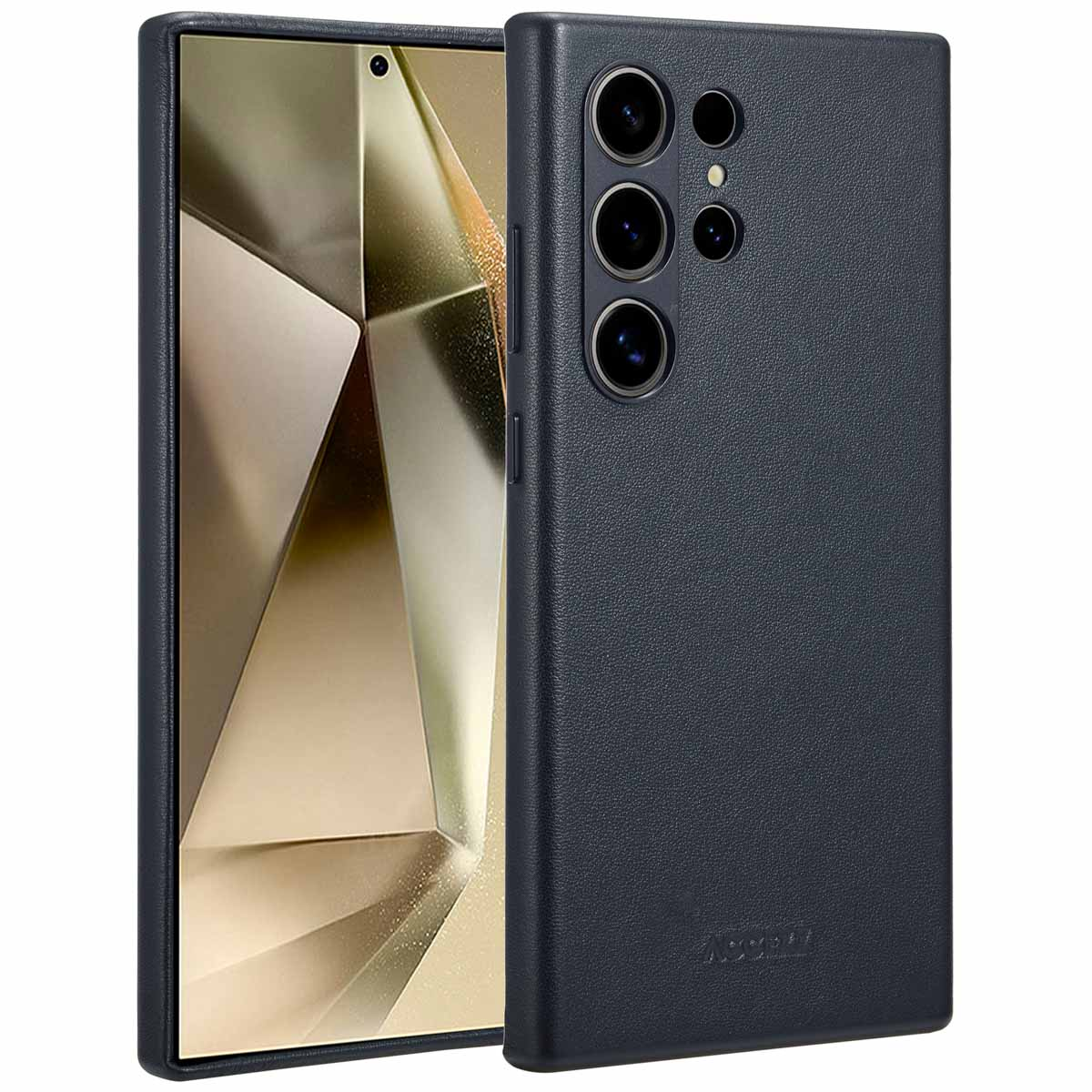 Zwarte telefoonhoes, leertextuur, bedekt achterkant en zijkanten. Telefoon gedeeltelijk zichtbaar. Strak design.