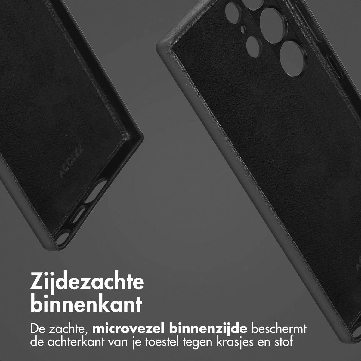 Zwarte telefoonhoes details. Tekst: Zachte binnenkant, De zachte microvezel beschermt de achterkant van je apparaat.