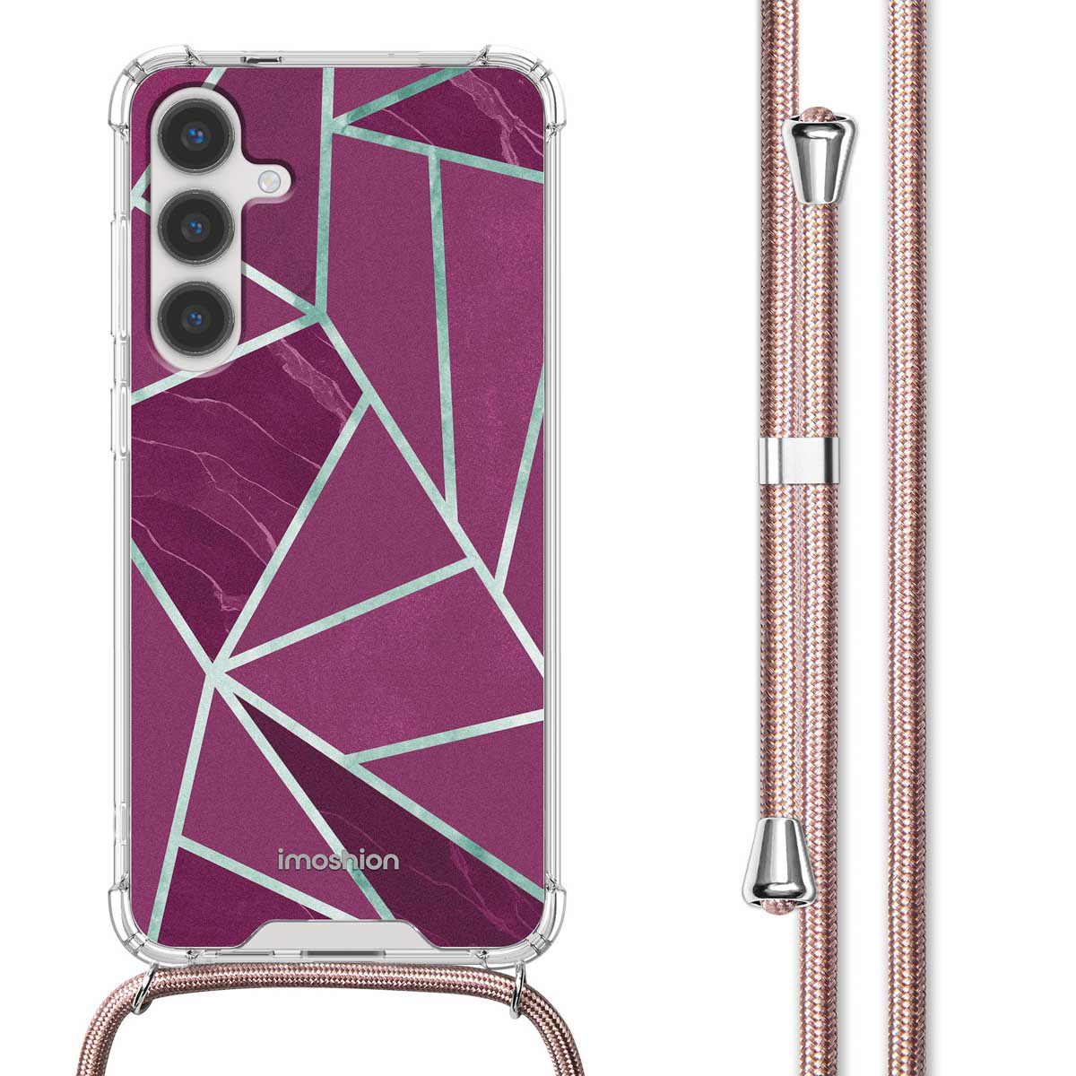 Paarse telefoonhoes met geometrisch design en roze koord.