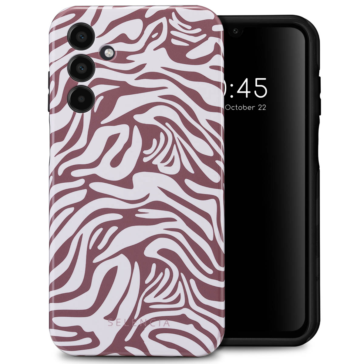 Telefoonhoes met zebrapatroon en een telefoon. De telefoon toont de tijd.