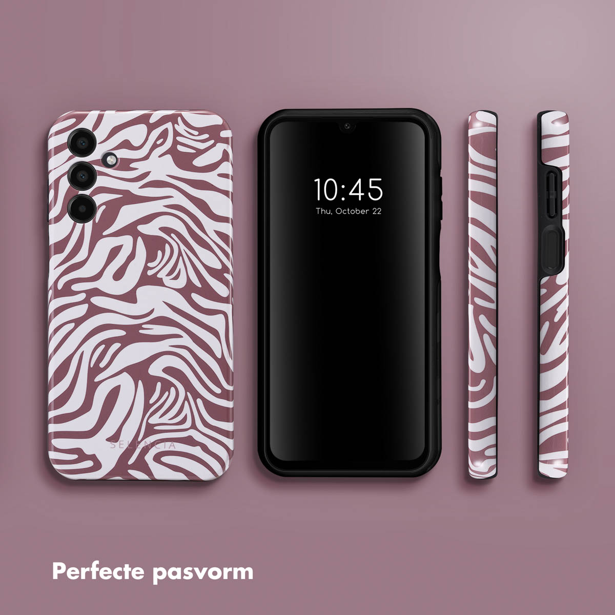 Telefoonhoes met zebrapatroon. Telefoon op de achtergrond.