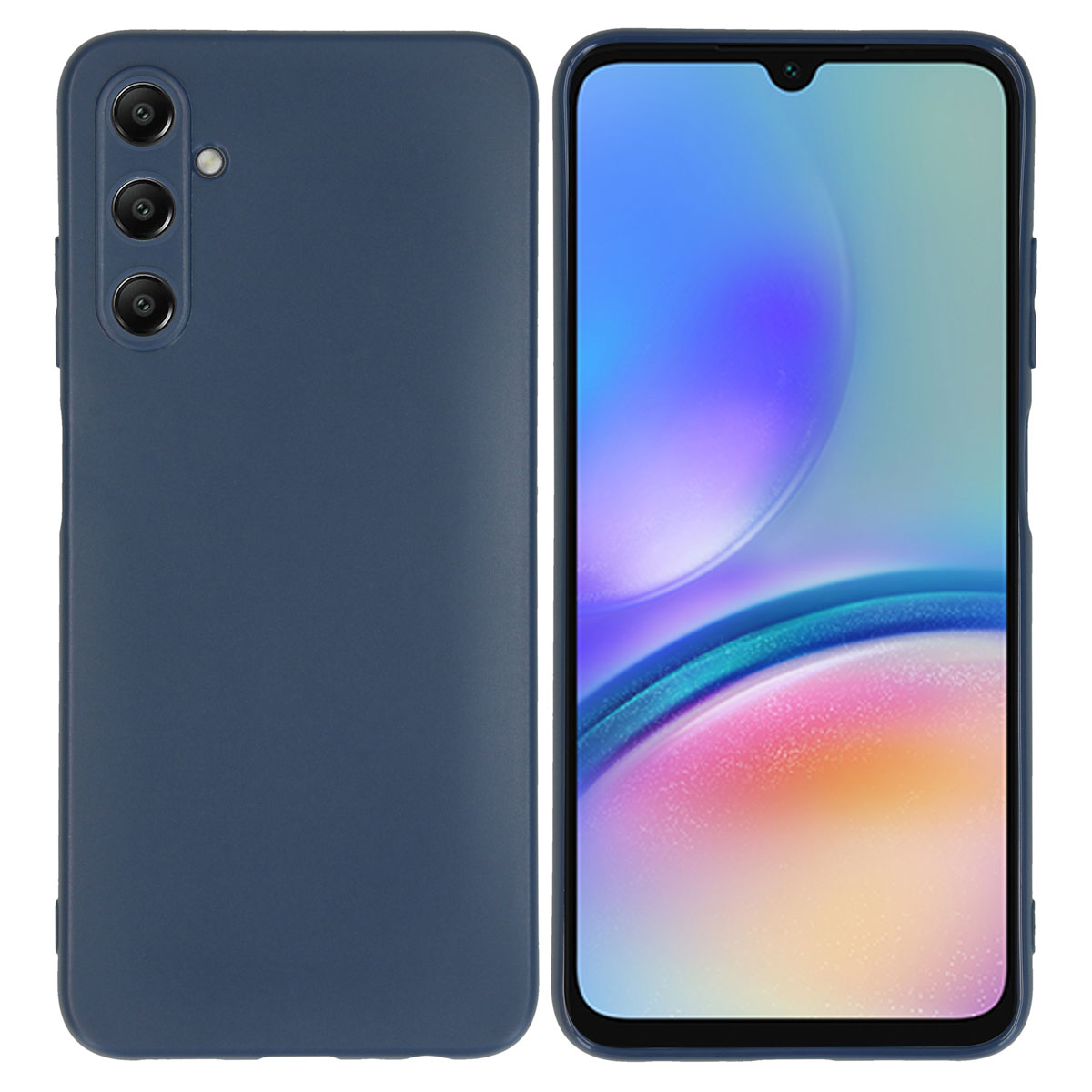 Twee blauwe telefoons, één met hoesje. De telefoon rechts is zichtbaar.