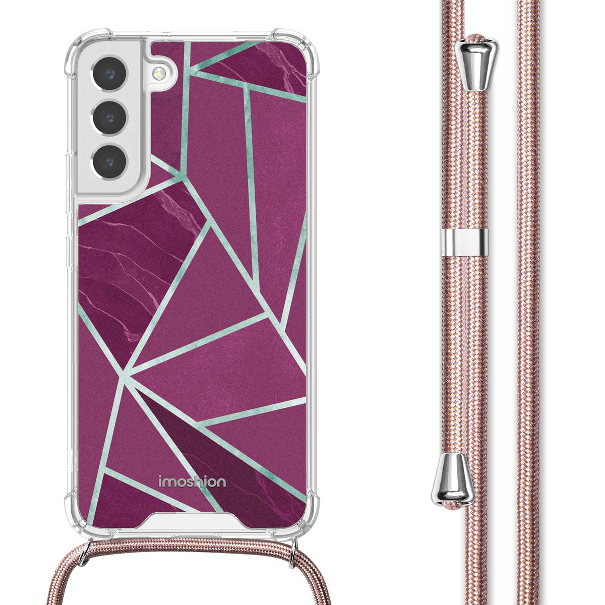 Een telefoonhoesje met een geometrisch ontwerp en een bandje. De hoes heeft een paars en wit patroon.