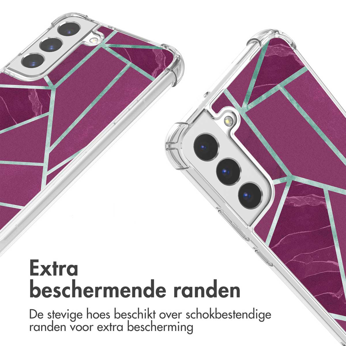 Telefoonhoesje met paars en groen geometrisch patroon. Tekst: Extra beschermende randen.