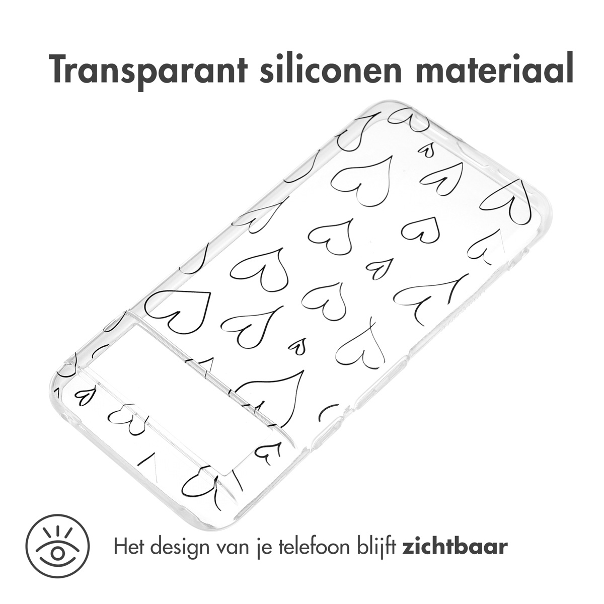 Transparente Handyhülle mit Herzmuster. Das Telefon ist sichtbar. Es hat einen Ausschnitt für die Kamera.
