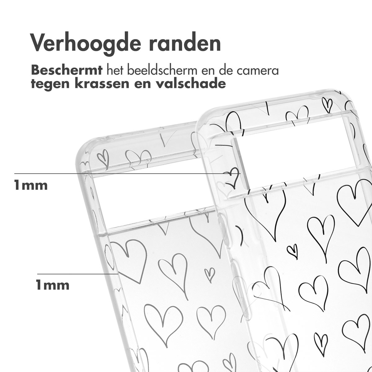 Transparente Handyhülle mit Herzmuster. Ränder 1mm hoch, schützen Display und Kamera vor Kratzern.