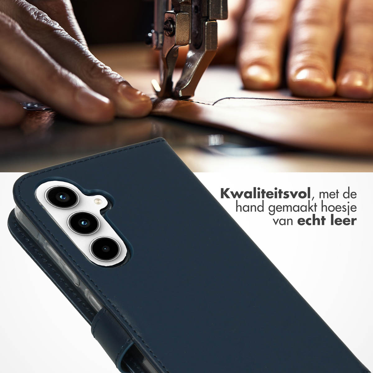 Un artisan coud un étui de téléphone en cuir bleu foncé. L'étui a une découpe pour la caméra.