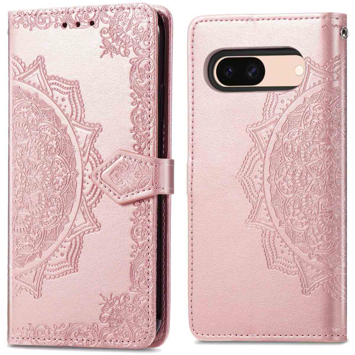 Roze telefoonhoes met een bloemenontwerp. De hoes is open en toont de telefooncamera.