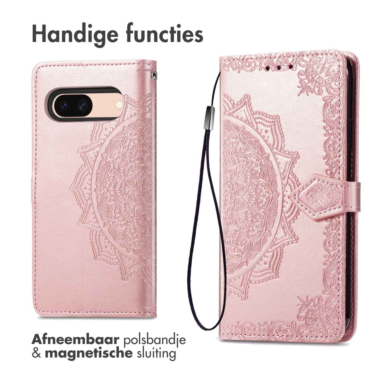 Roze telefoonhoes met mandala-ontwerp, polsbandje en magneetsluiting. Handige functies.