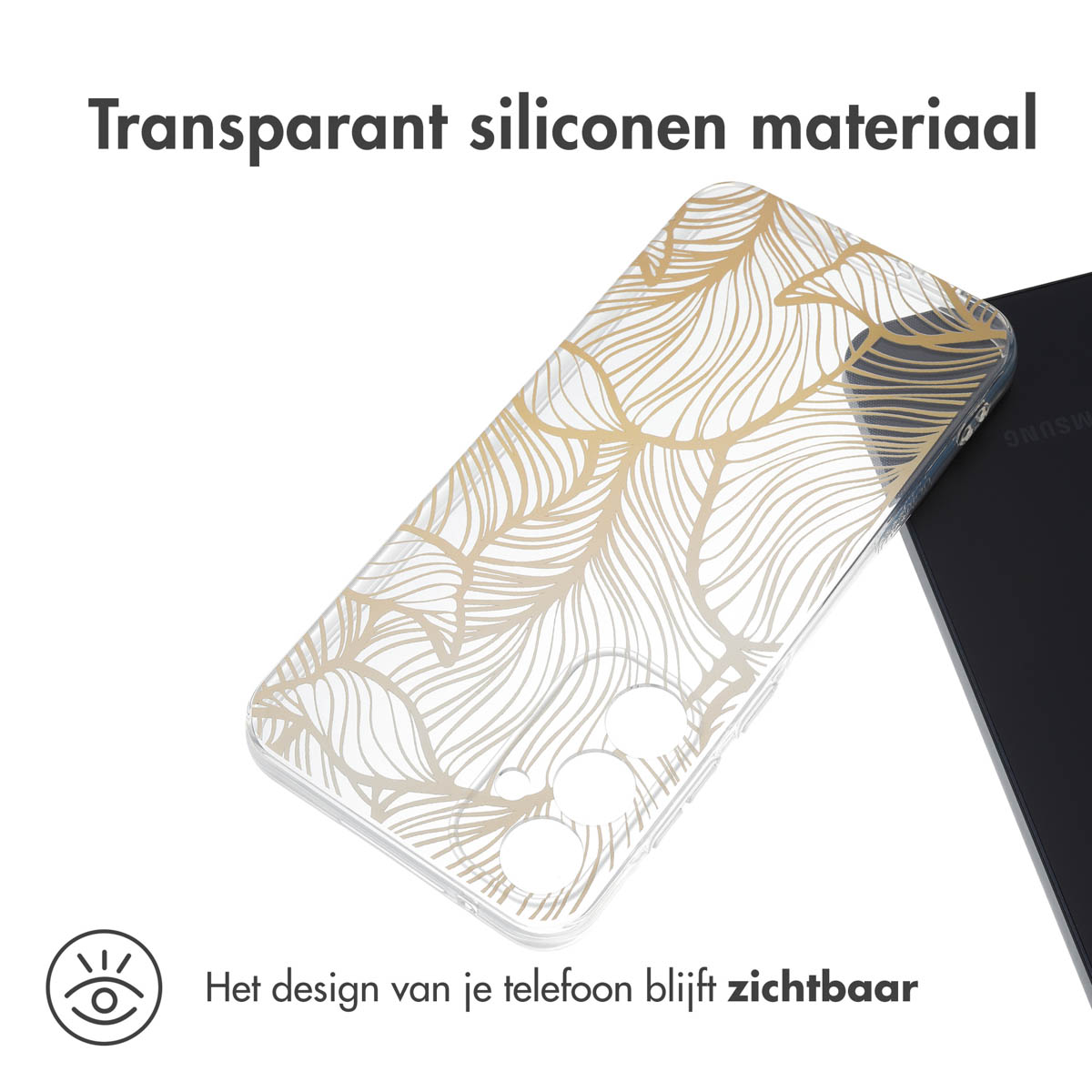 Transparante telefoonhoes met goudbladeren design. Het design van de telefoon is zichtbaar. Productopname.