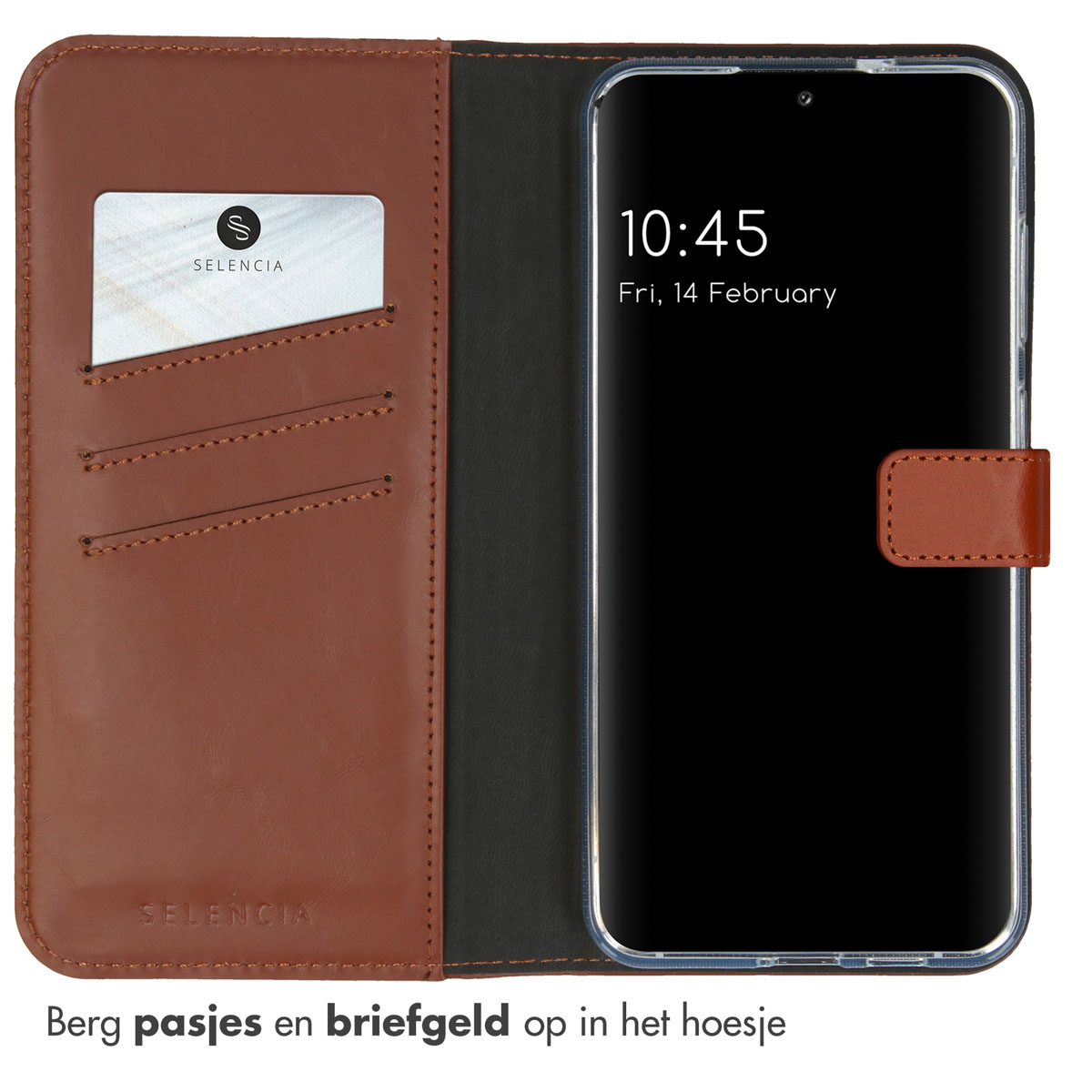Étui en cuir marron avec fentes pour cartes, ouvert. Montre téléphone et carte. Texte : "Stocker les cartes".