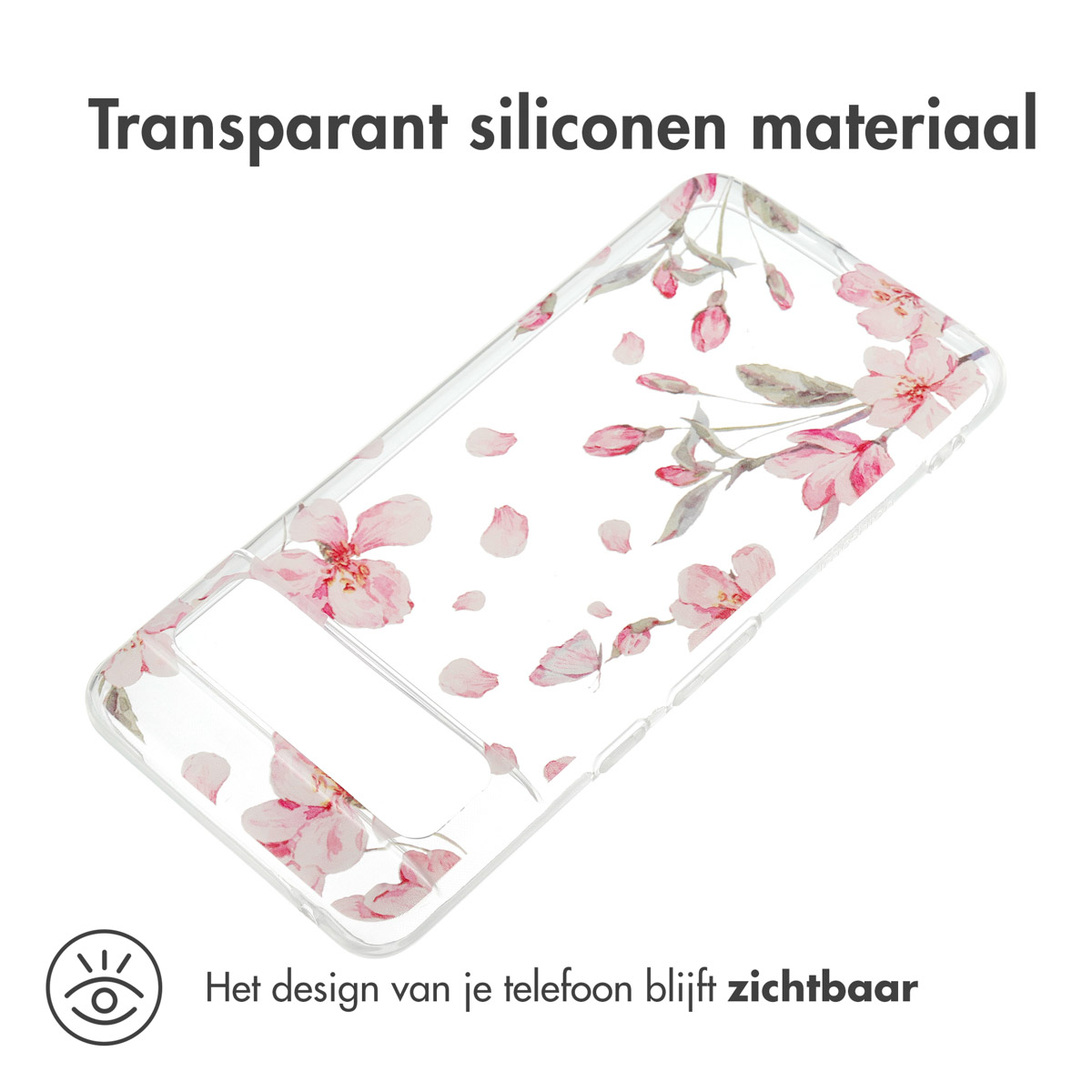 Transparante telefoonhoes met een bloemenontwerp. Het telefoonontwerp is zichtbaar door de hoes.