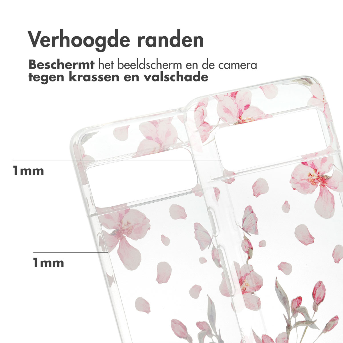 Transparante telefoonhoes met roze bloemenontwerp. Randen 1mm verhoogd. Beschermt scherm en camera.