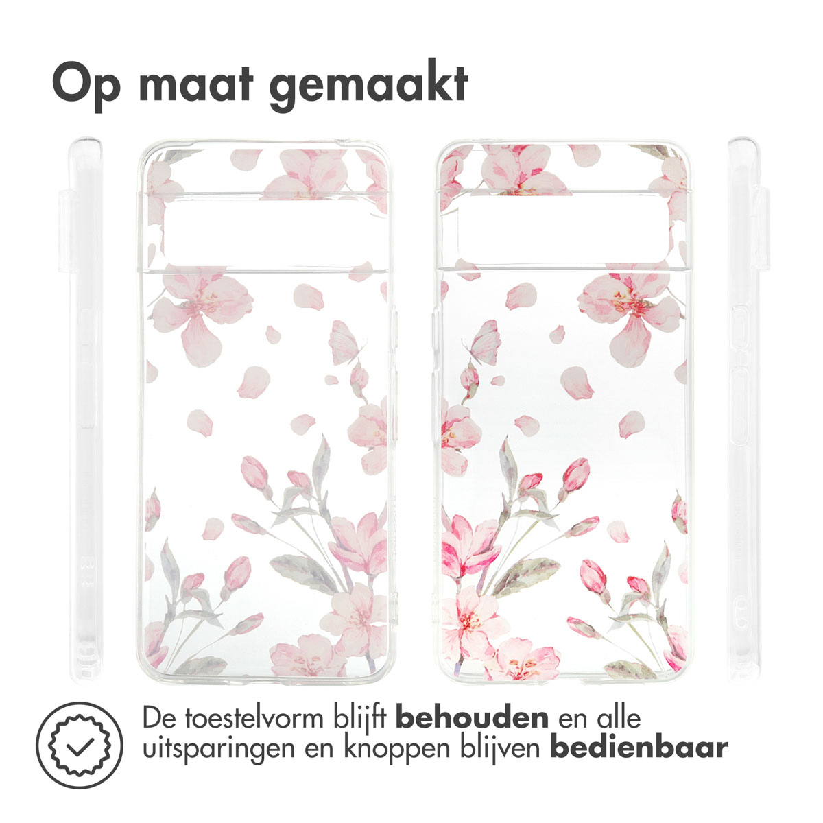 Transparante telefoonhoes met roze bloemenontwerp. Telefoon zit in de hoes. Productopname, close-up.