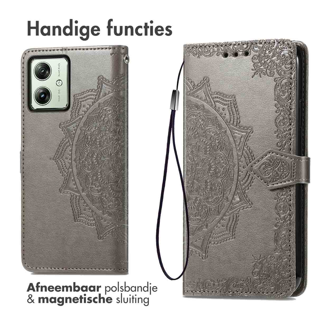 Grijze telefoonhoes, open, met mandala-ontwerp en telefoon. Afneembare polsband en magnetische sluiting.