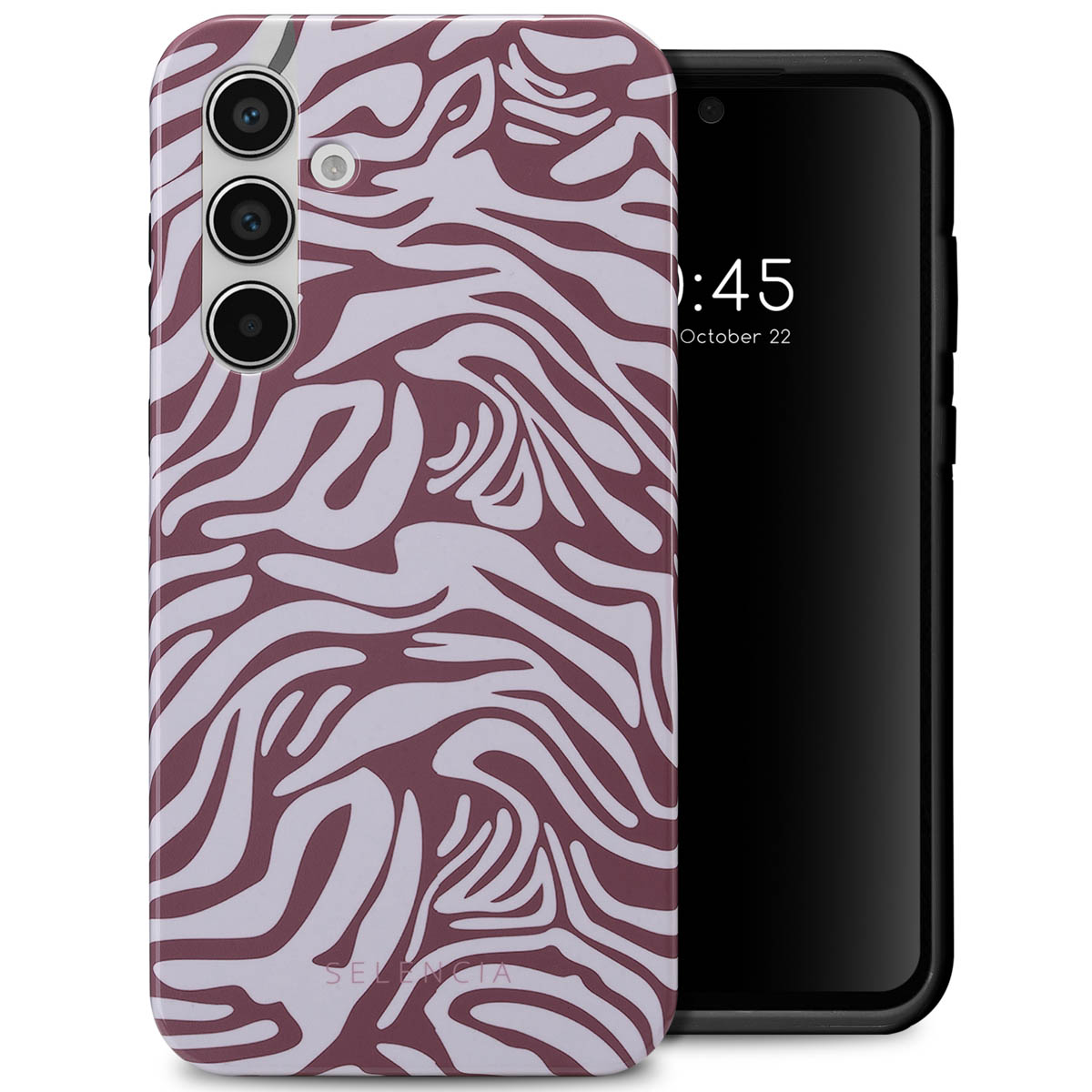Een telefoonhoesje met zebrapatroon en een telefoon die tijd en datum weergeeft, met de camera.
