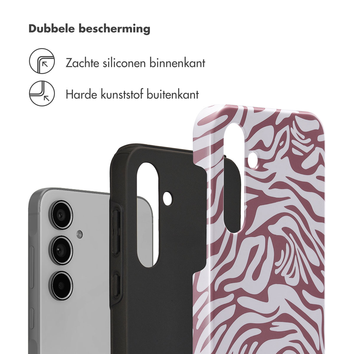 Een telefoon in een hoesje. De hoes heeft een zebrapatroon en beschermt de telefoon.