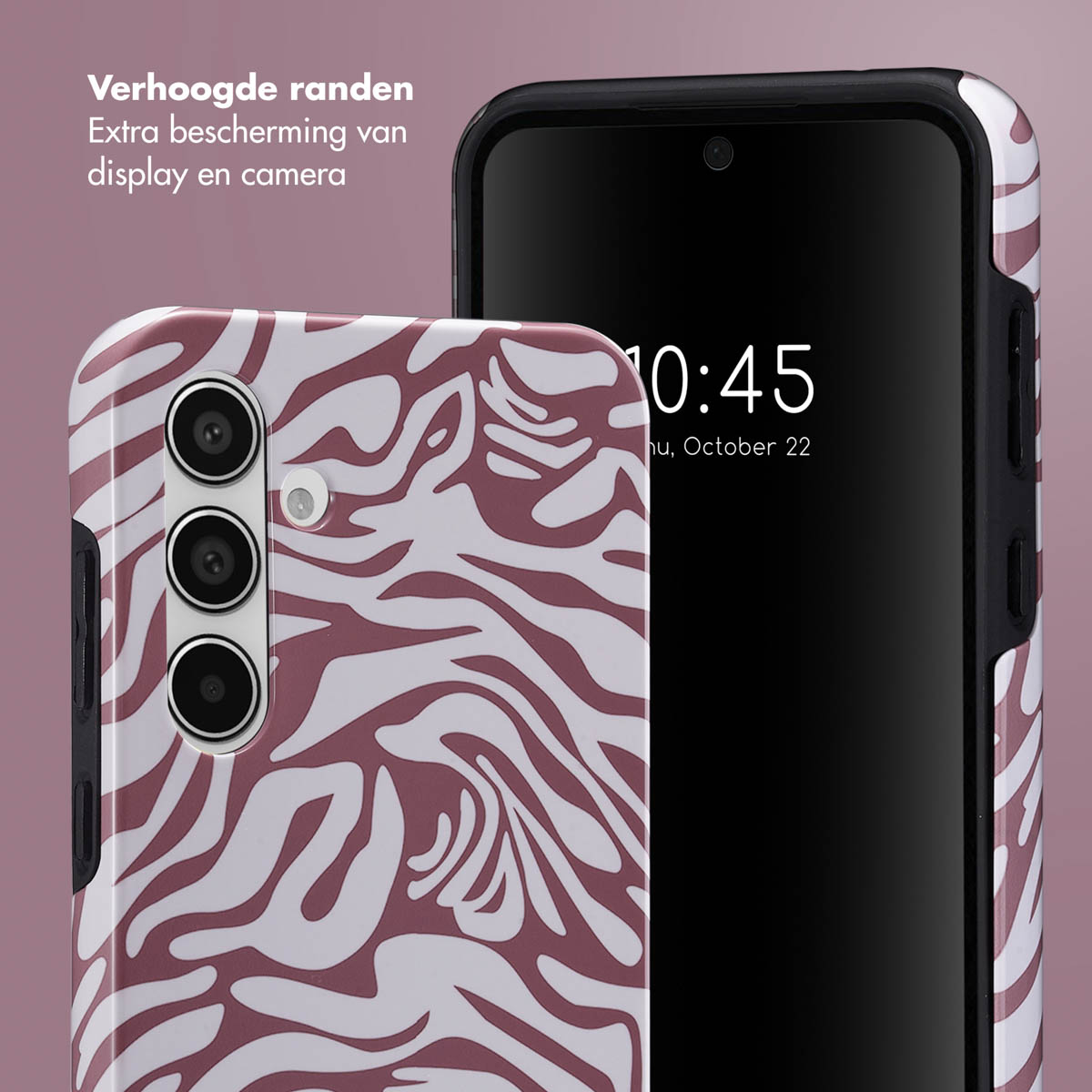 Telefoonhoesje met zebrapatroon en een telefoon erin. De telefoon heeft een zwart frame.