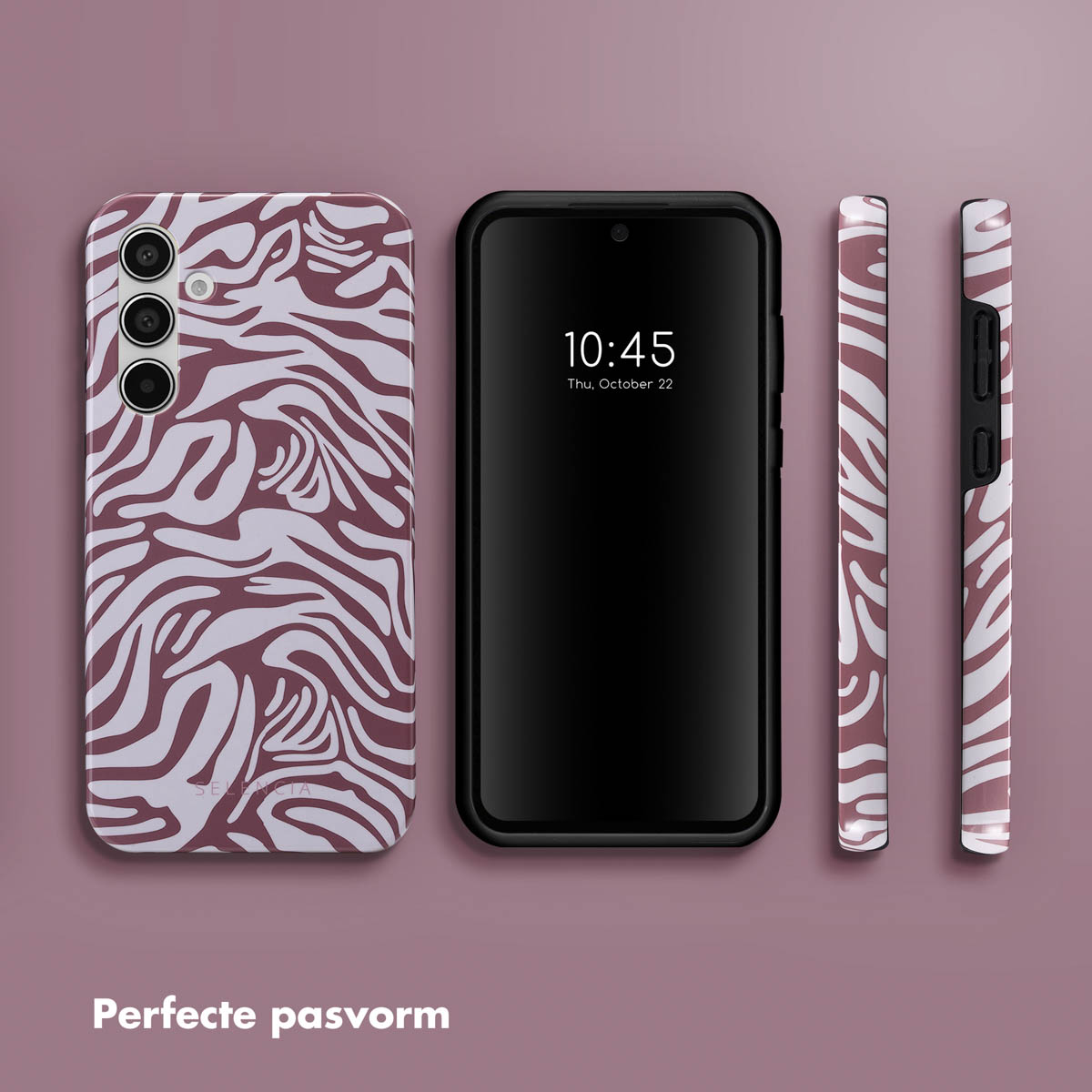 Zebra-gestreept telefoonhoesje, zwarte telefoon met '10:45' en zijaanzichten op een mauve achtergrond.