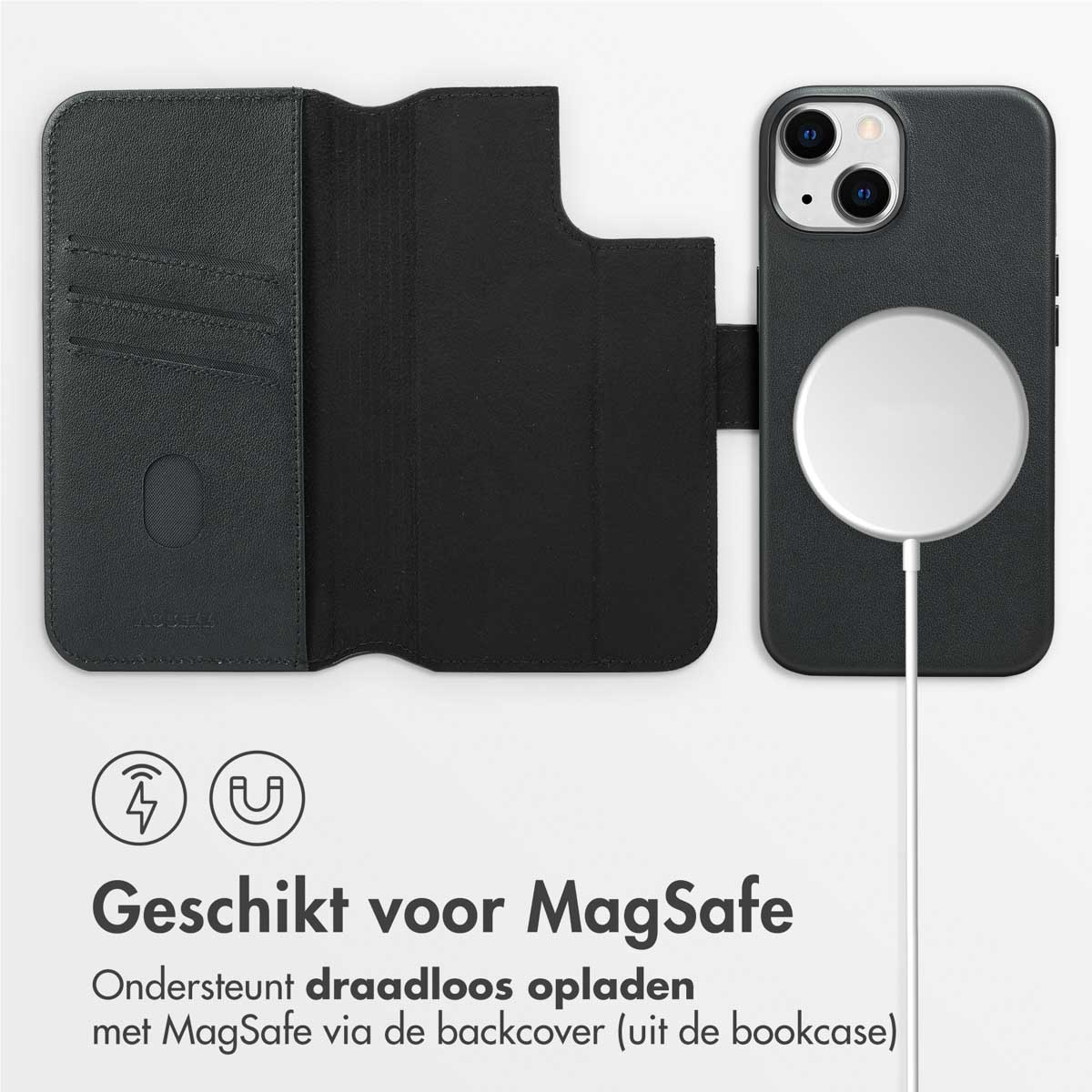 Zwarte telefoonhoes met een magnetische oplaadcirkel. De hoes is open.