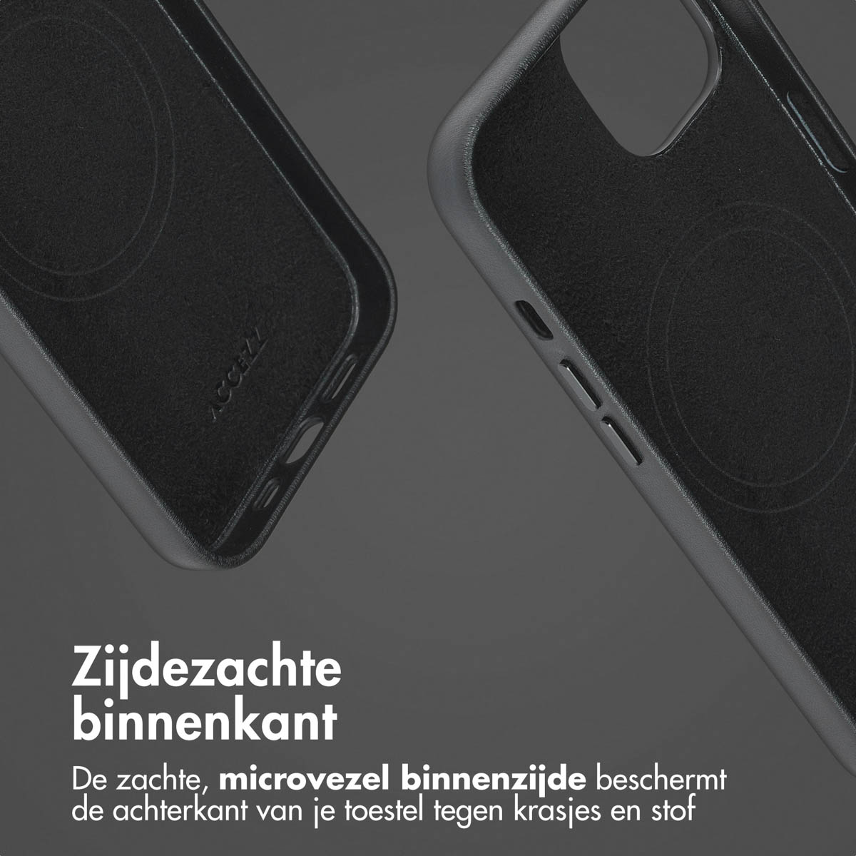 Telefoonhoesje met een gladde binnenkant, die de telefoon beschermt. De hoes is zwart.