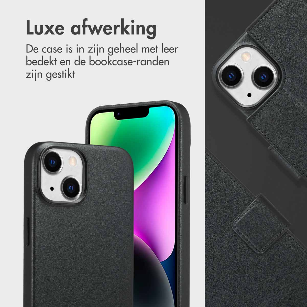 Zwarte telefoonhoes en telefoon. Tekst: 'Luxe afwerking'. Voorgrond: hoes en telefoon. Achtergrond: wit.