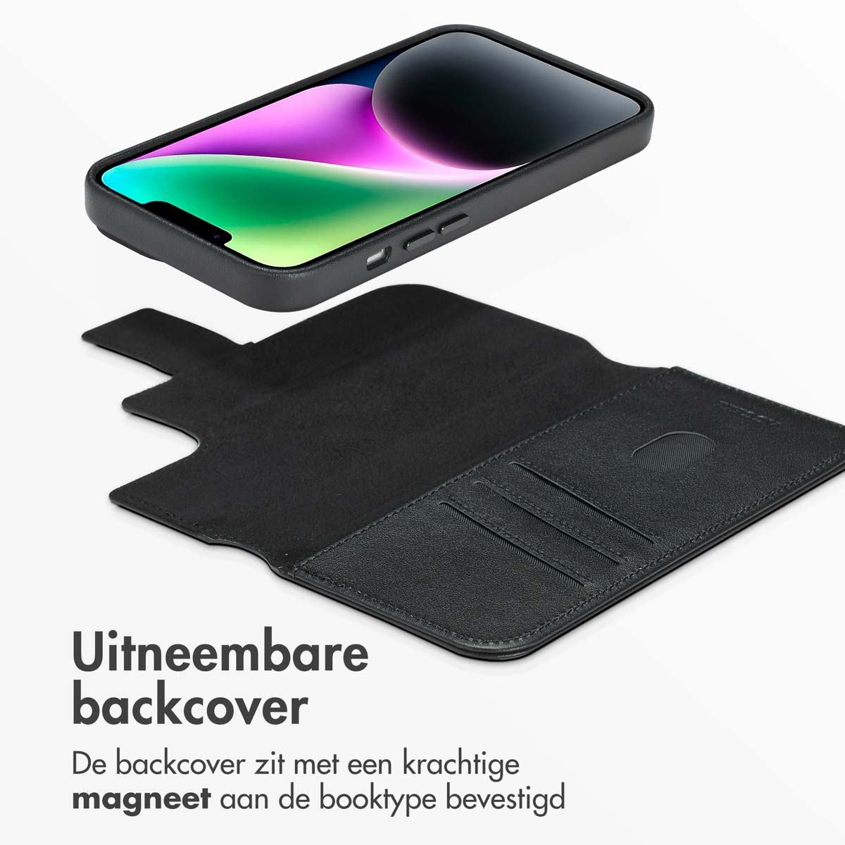 Zwarte telefoonhoes en afneembare achterkant. De achterkant wordt met een sterke magneet bevestigd.
