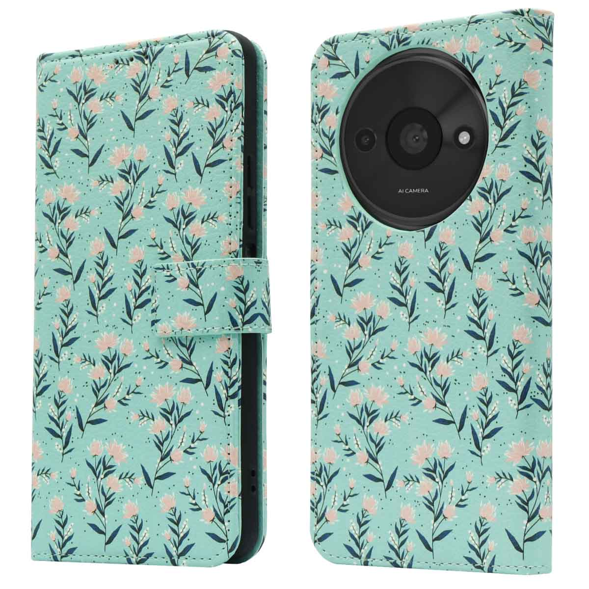 Telefoonhoesje open en dicht met een bloemenpatroon. De camera is zichtbaar. Het is groen en roze.