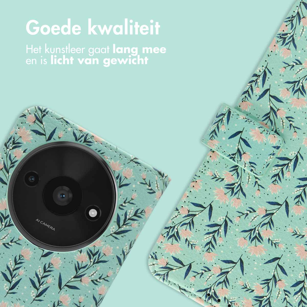 Telefoonhoesje met bloemenpatroon. Tekst: Goede kwaliteit. Het kunstleer gaat lang mee.