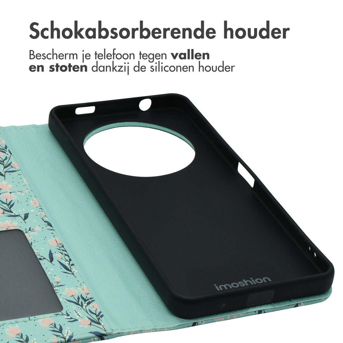 Zwarte telefoonhoes met bloemenpatroon aan de binnenkant en een telefoonvormige ruimte.