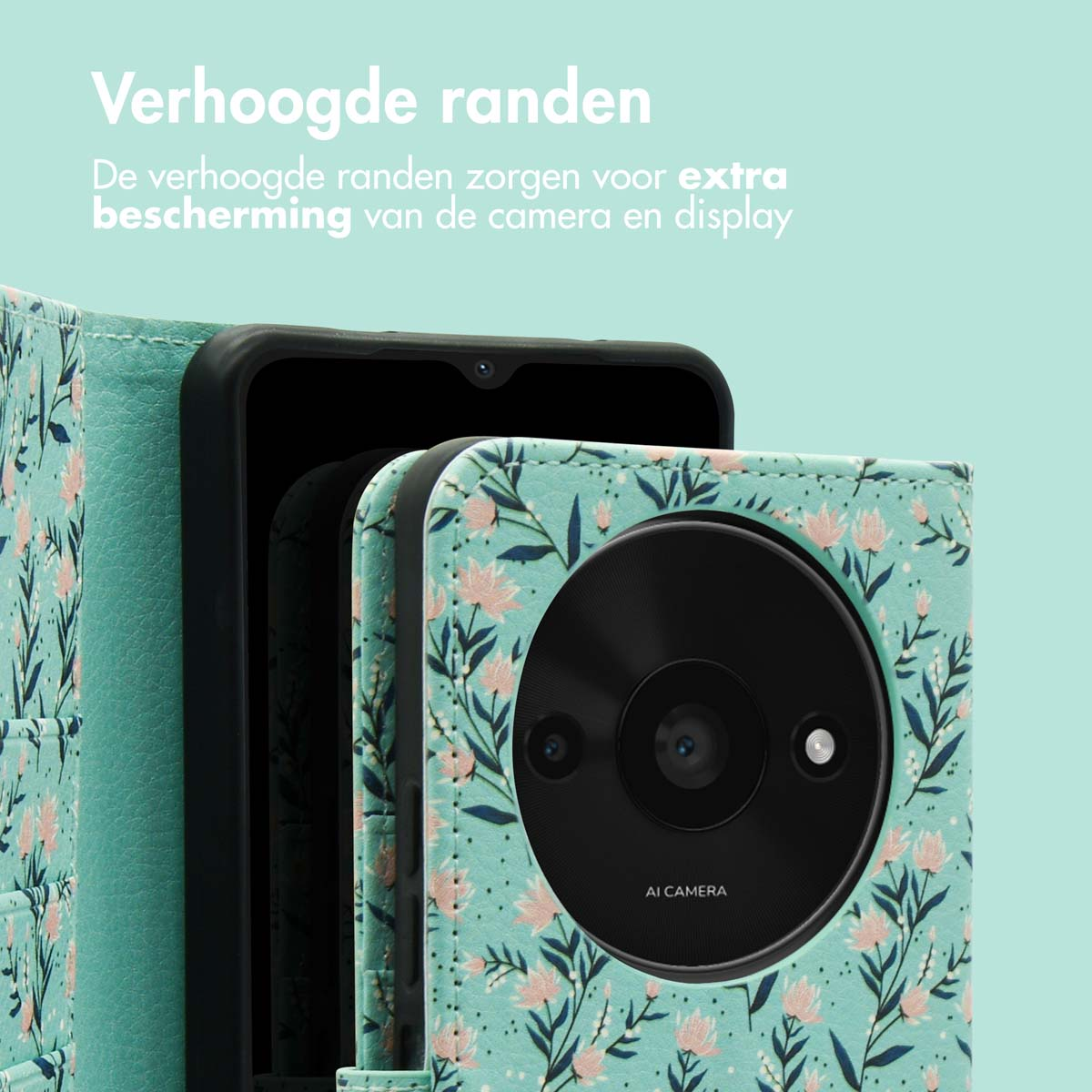 Telefoonhoesje met bloemenmotief. De telefoon is zwart. De hoes is open.