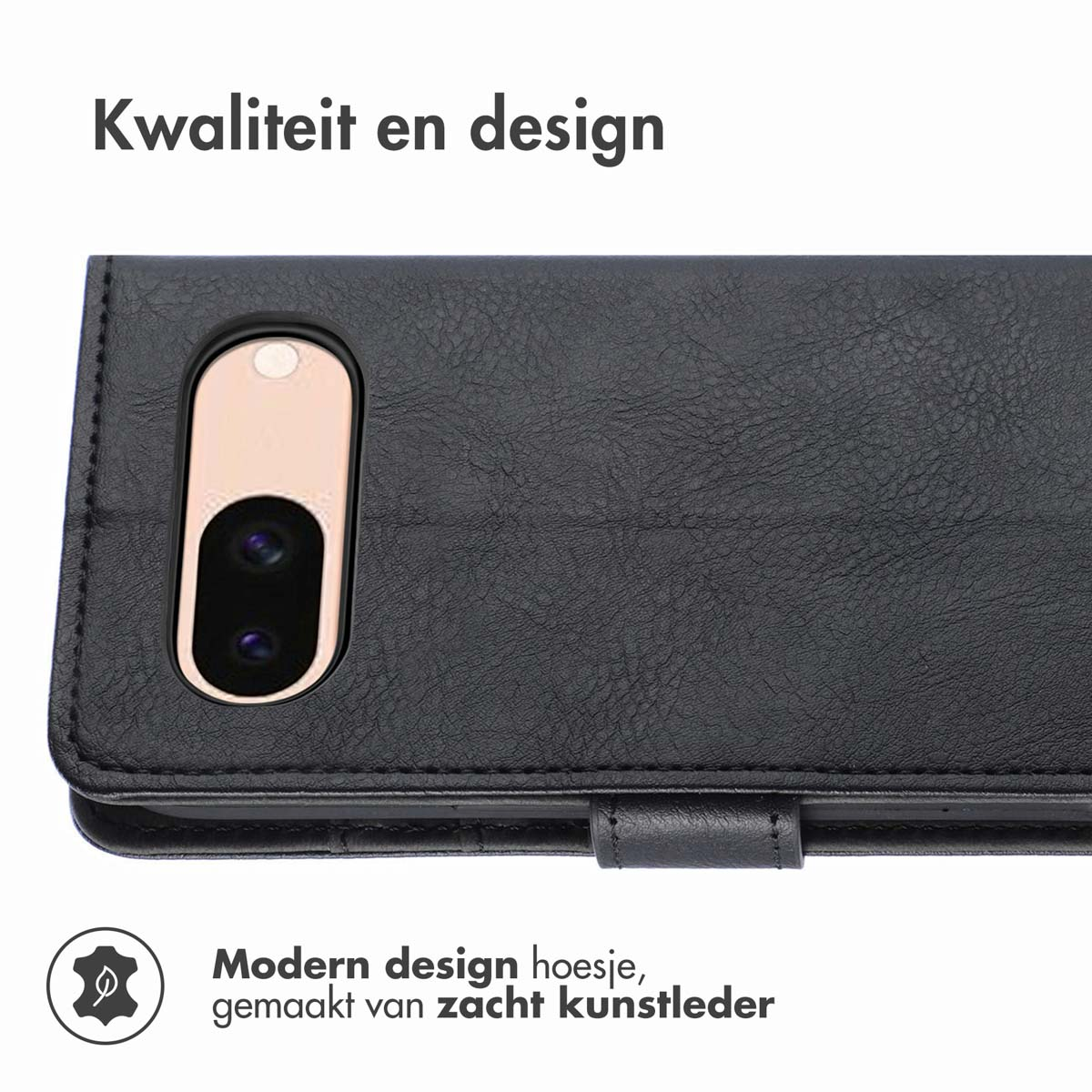 Zwarte telefoonhoes, open. De hoes is gemaakt van zacht kunstleer.