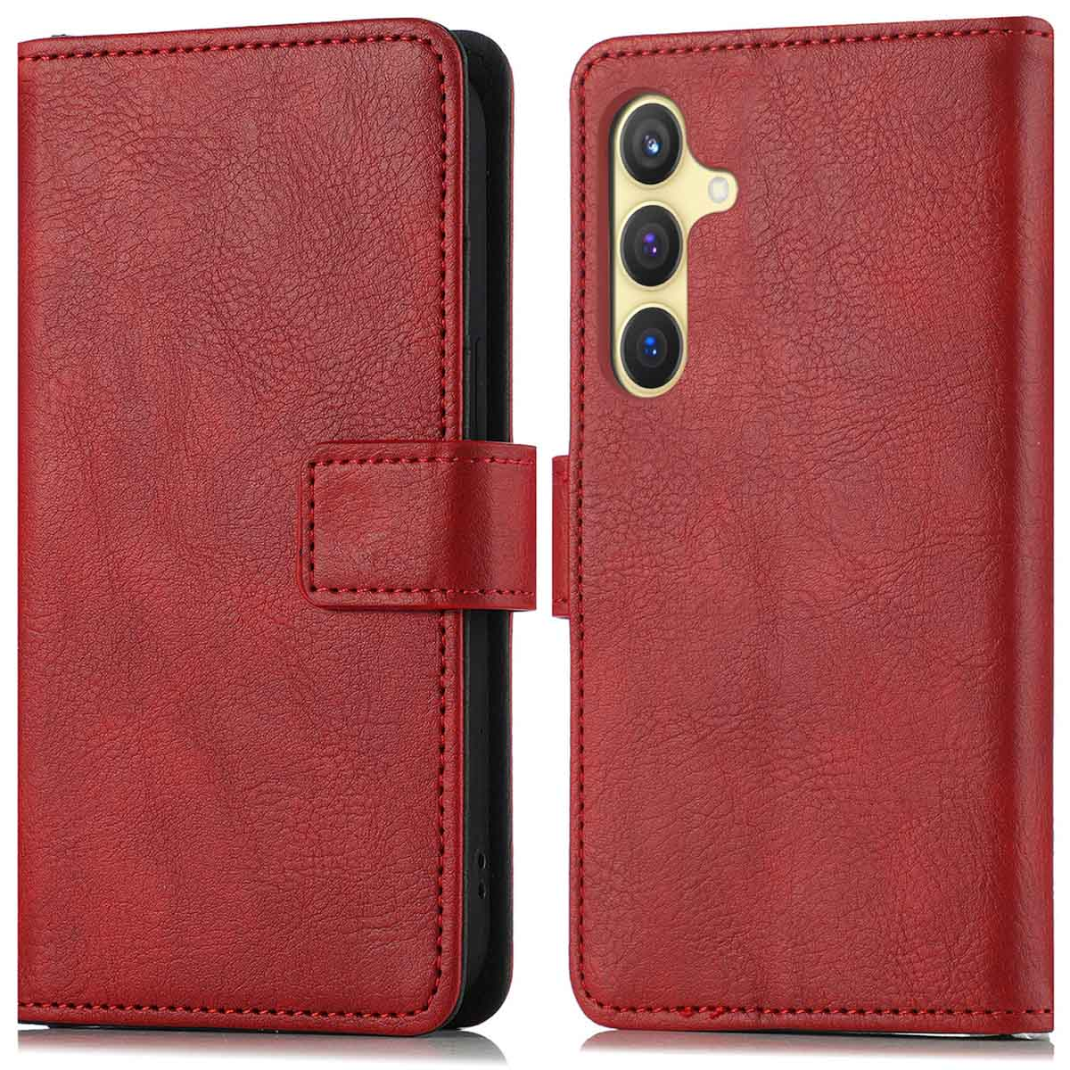 Coque de téléphone en cuir rouge, ouverte et fermée. Téléphone en fond.