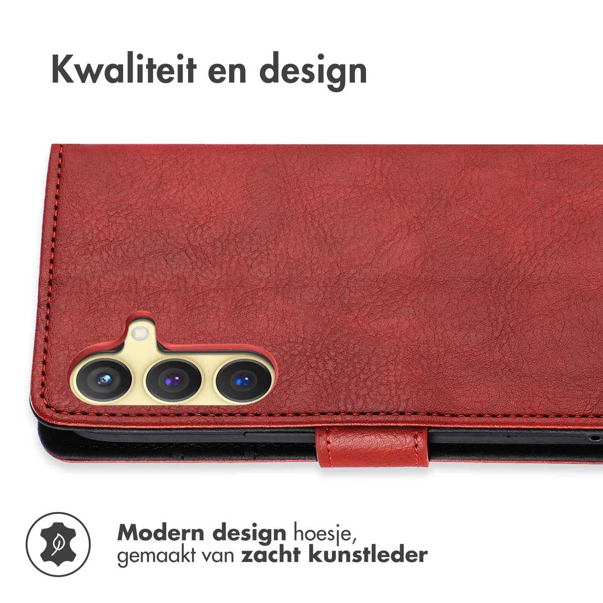 Étui de téléphone rouge avec découpes pour caméra. Texte : "Qualité et design" et "Étui design moderne."