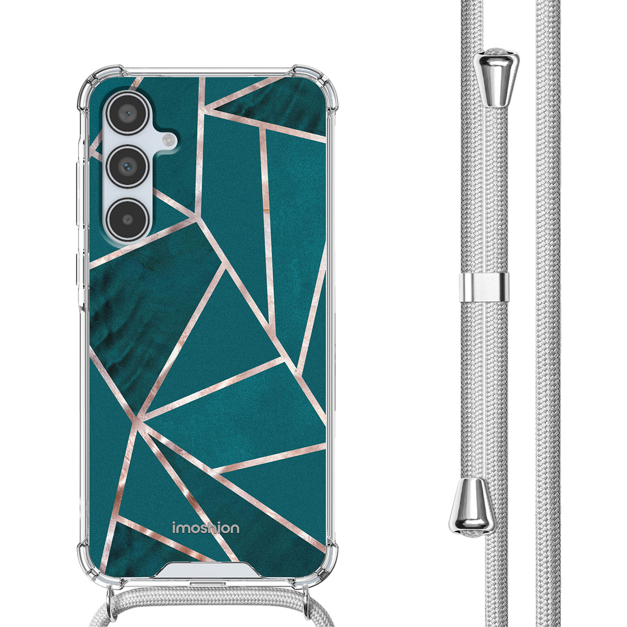Coque de téléphone avec motif géométrique et téléphone avec sangle. La coque est verte avec des lignes dorées.