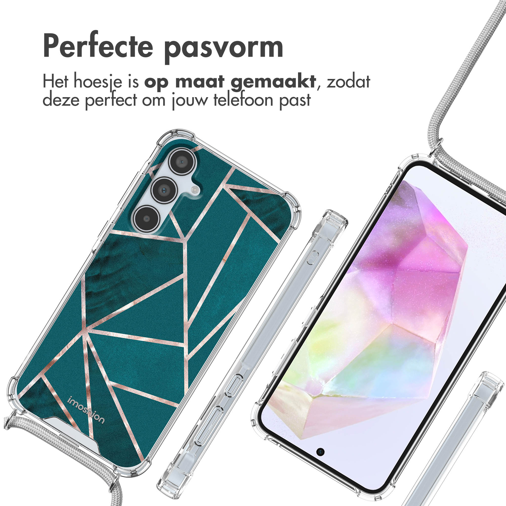 Coque de téléphone avec motif géométrique vert et lanière. Téléphone visible. Cordon visible.