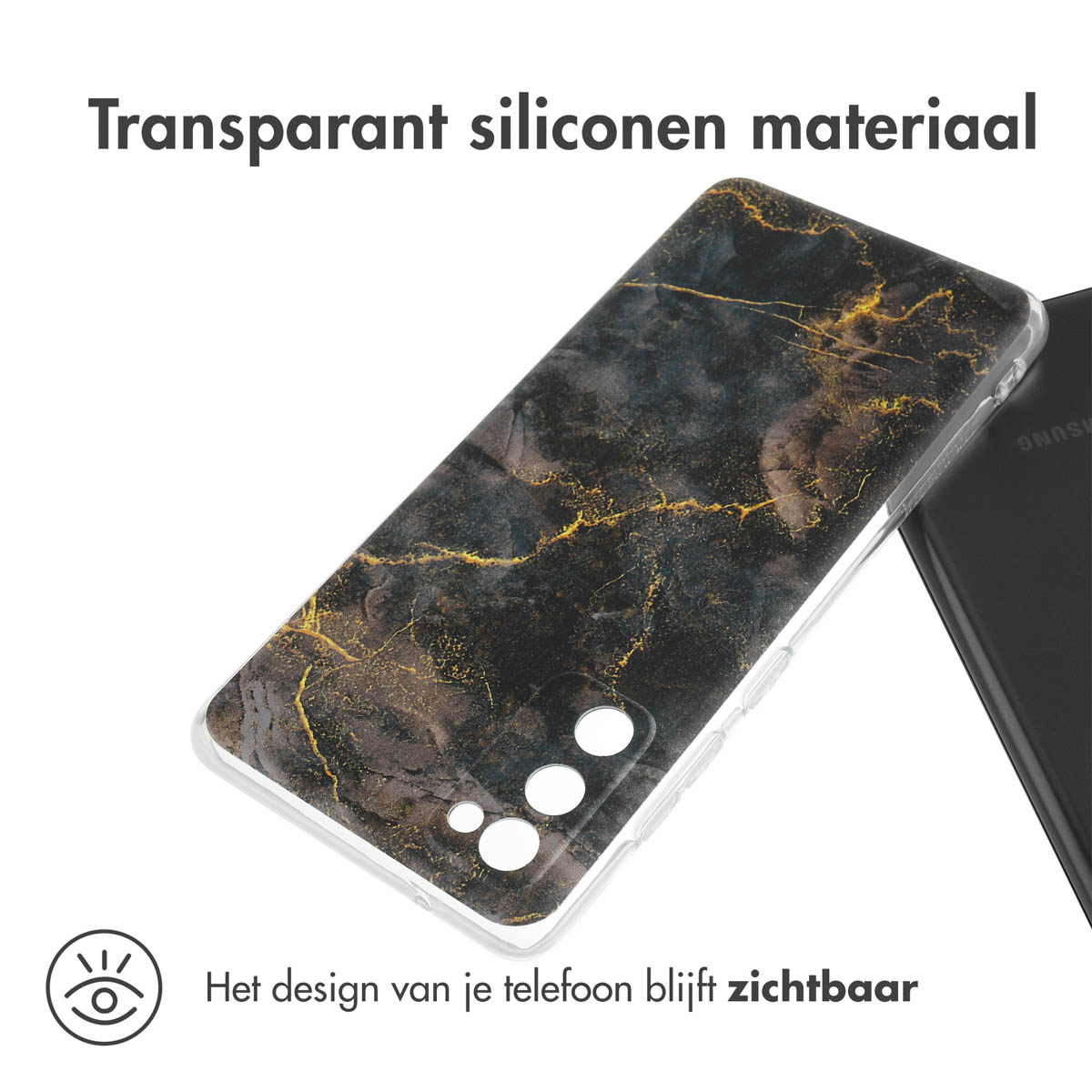 Custodia trasparente che mostra un motivo a marmo nero e oro. Il design del telefono è visibile.