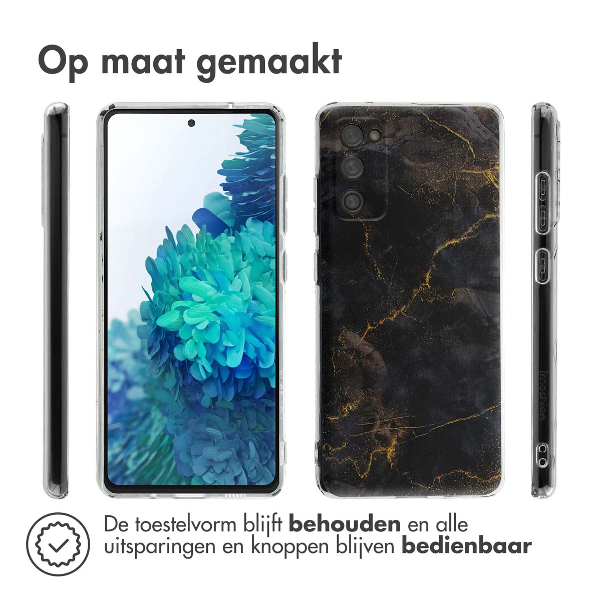 Custodia per telefono con design in marmo nero. La custodia è mostrata da diverse angolazioni, con il telefono all'interno.