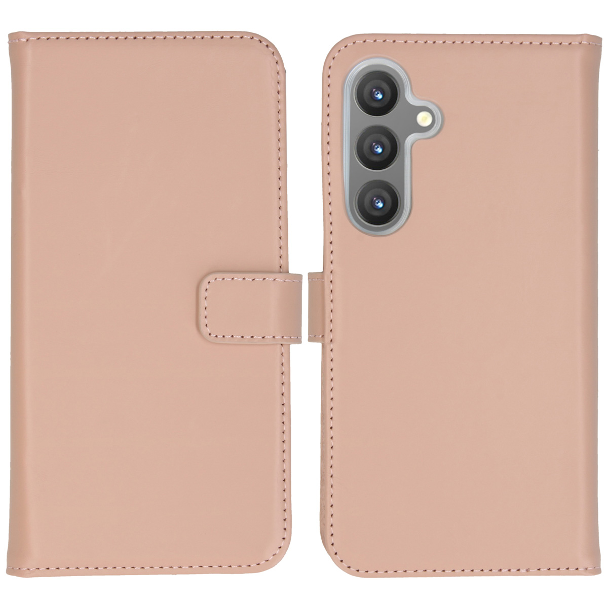 Coque de téléphone rose, ouverte, avec téléphone. La coque est en simili cuir, avec un téléphone du côté droit.