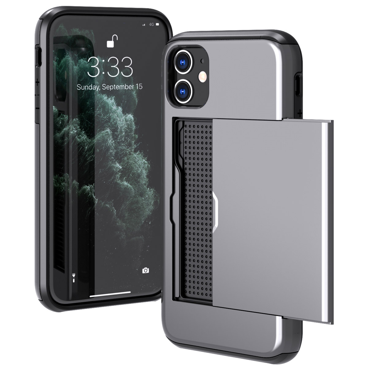 Zilveren telefoonhoes met telefoon. Voorgrond: telefoon. Achtergrond: wit.