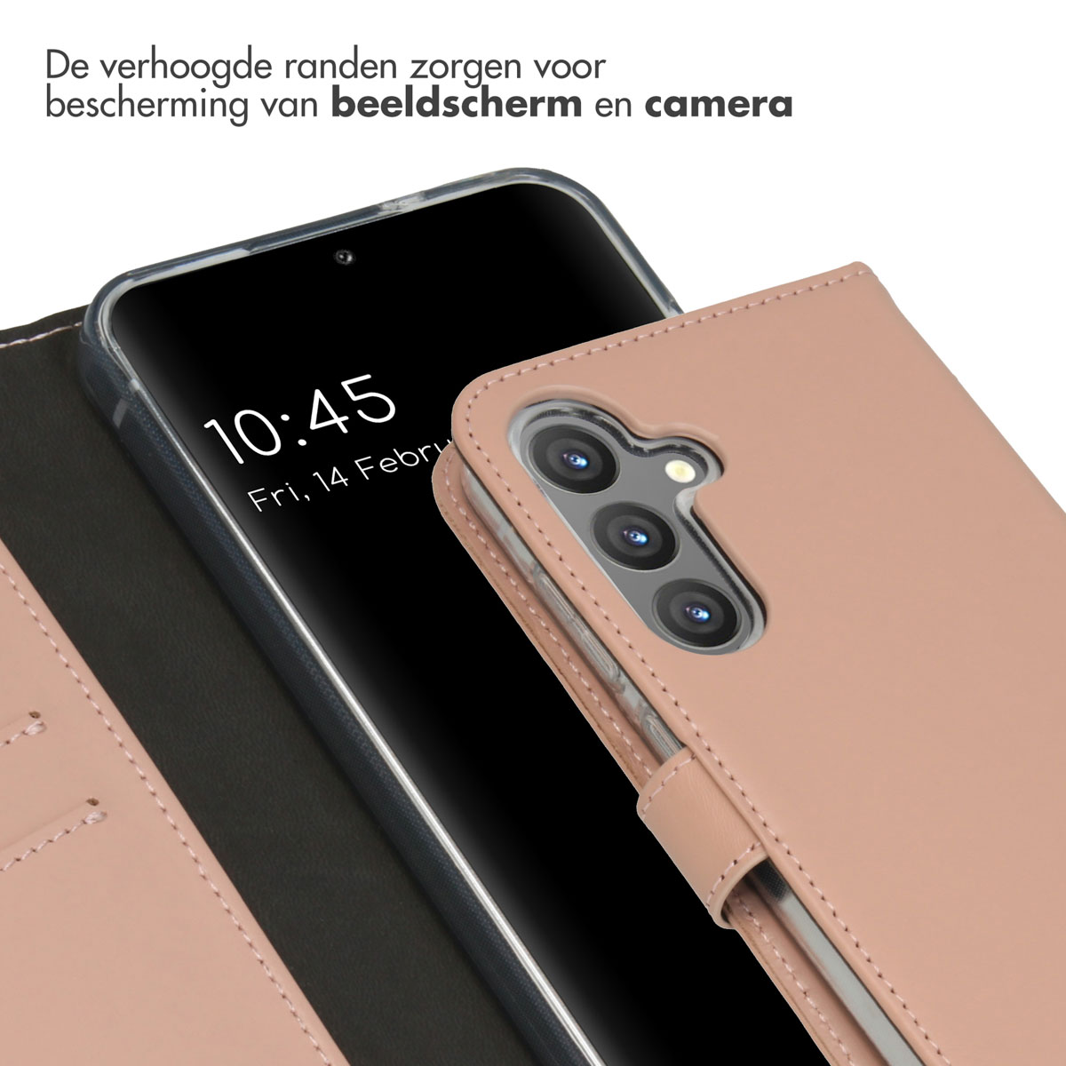 Coque de téléphone rose avec téléphone affichant l'heure et la date. La coque est ouverte.