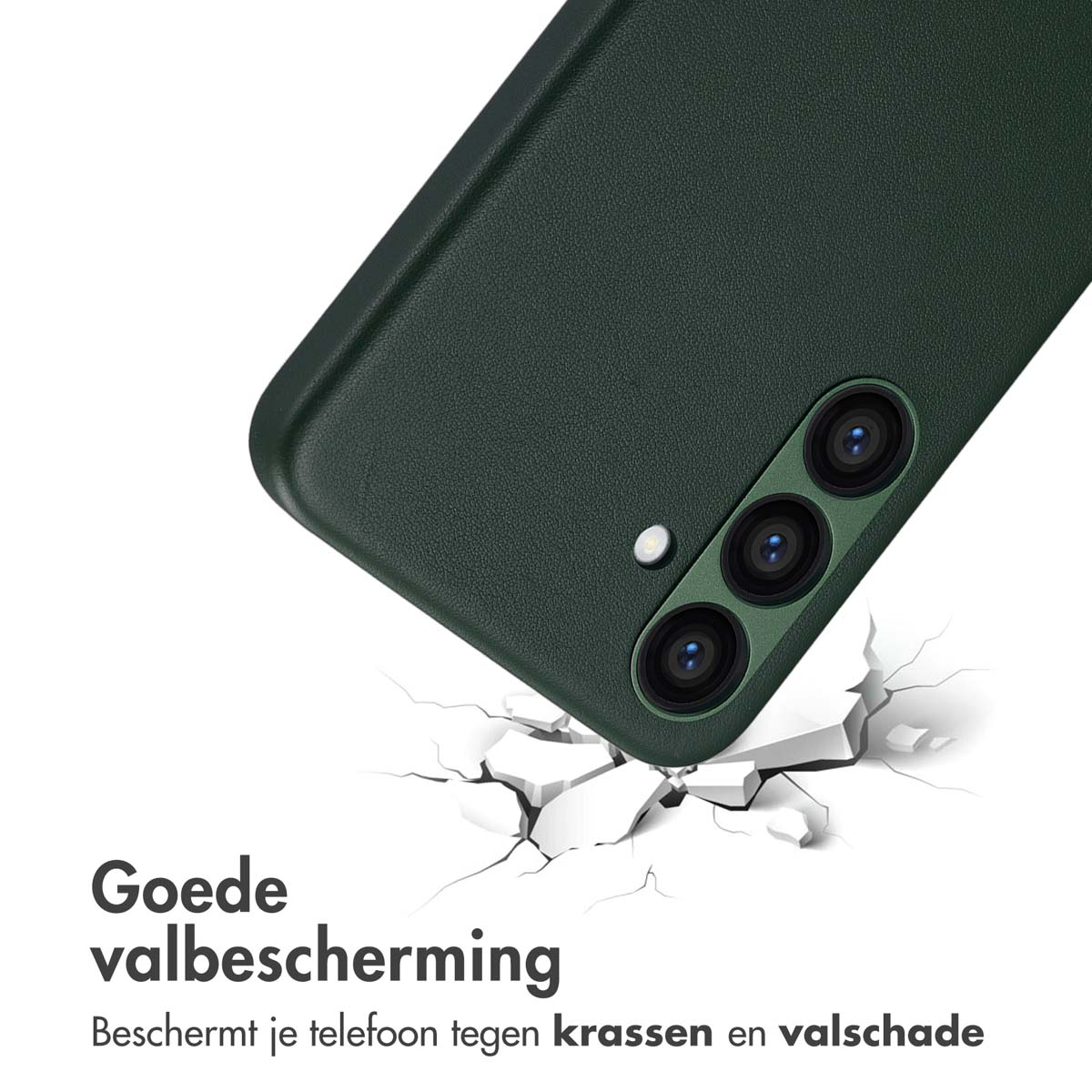 Groene telefoonhoes en telefoon. De telefoon valt en de hoes wordt als schokbestendig geadverteerd.