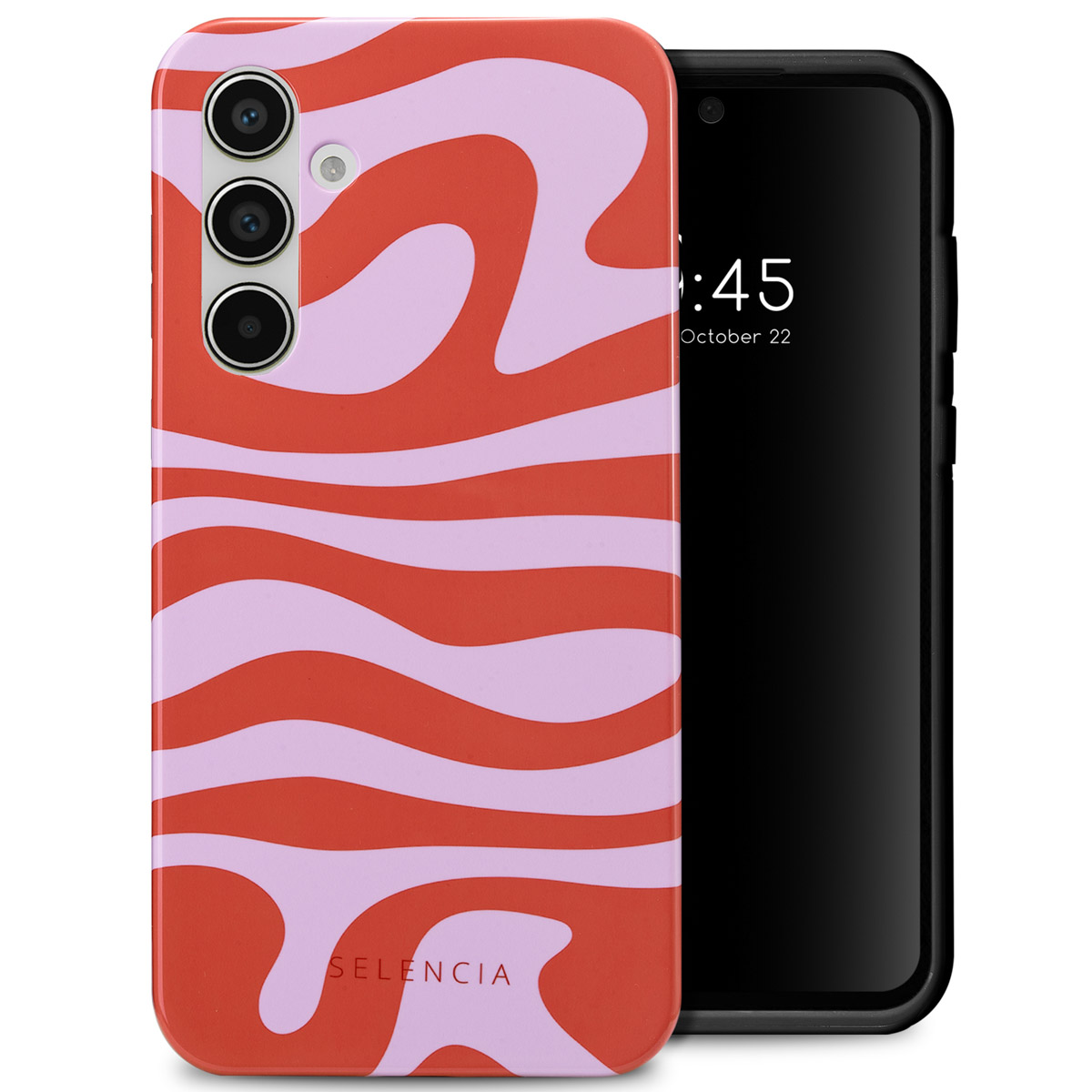 Rode en roze golvende telefoonhoes op een telefoon. Telefoonscherm toont tijd en datum. Merk SELENCIA.