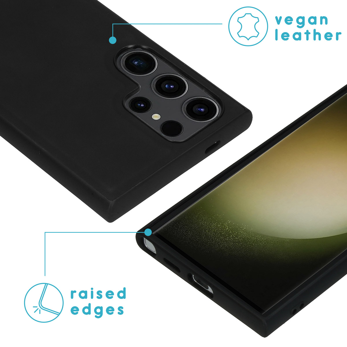 Zwarte telefoonhoes, verhoogde randen, gemaakt van veganistisch leer. De telefoon ligt op een tafel.