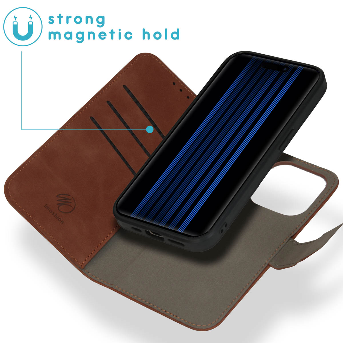 Étui de téléphone avec téléphone à l'intérieur, ouvert. Texte : forte tenue magnétique.