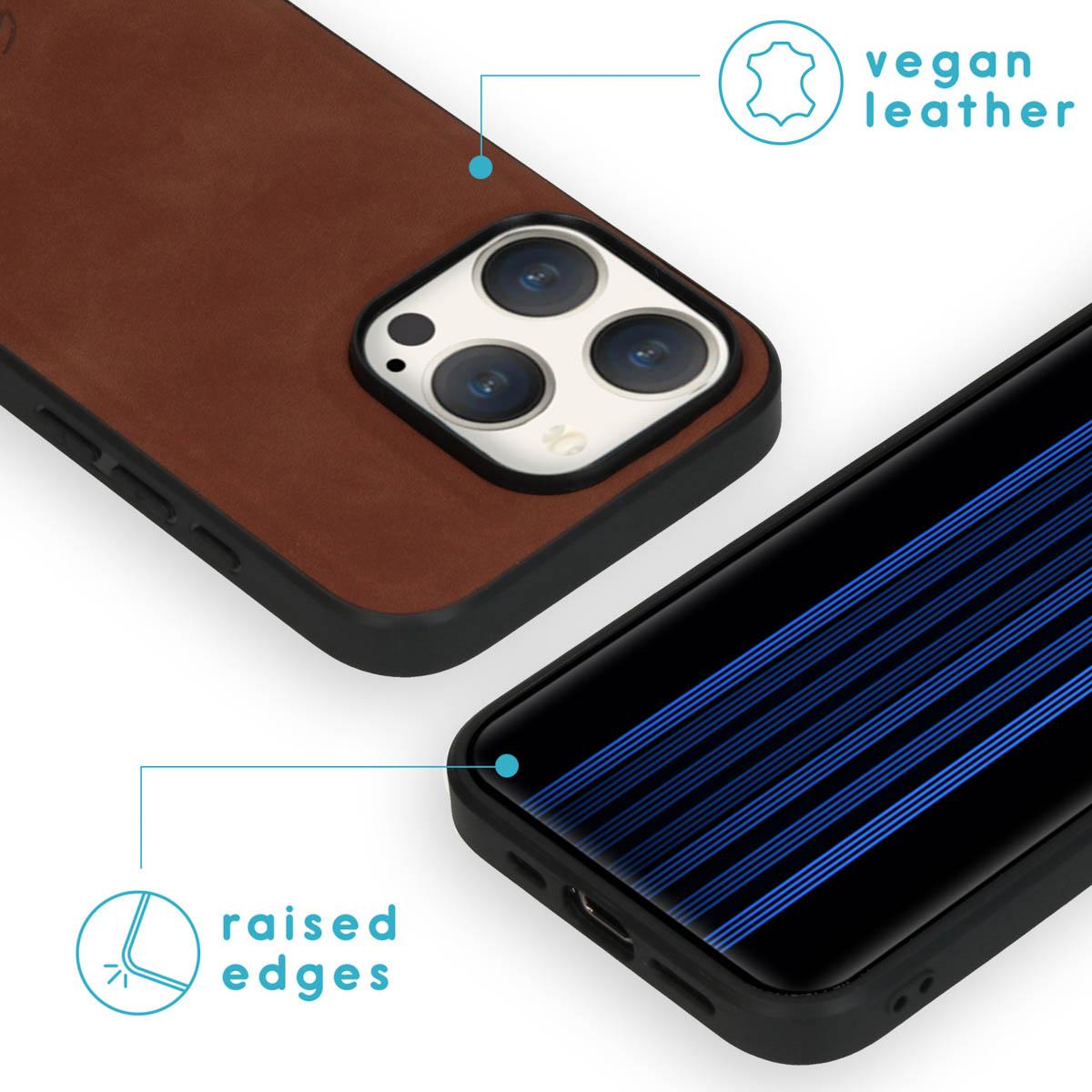 Coque de téléphone avec texture cuir à l'arrière et bords surélevés. Téléphone avec caméra visible.
