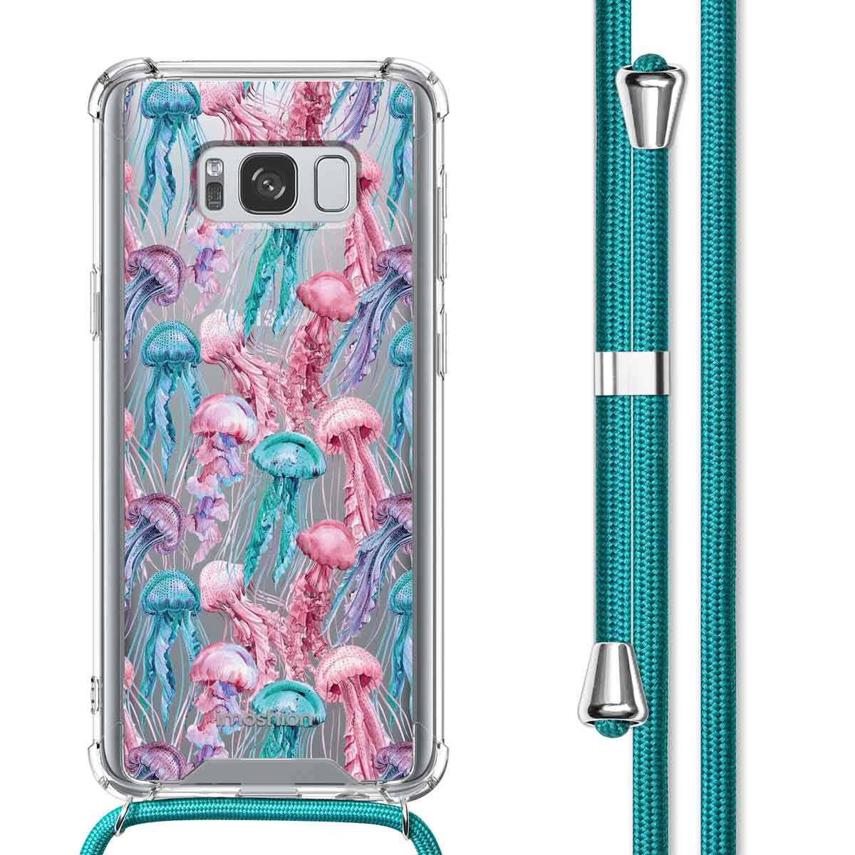 Coque de téléphone transparente avec un motif de méduses. La coque a un cordon attaché.